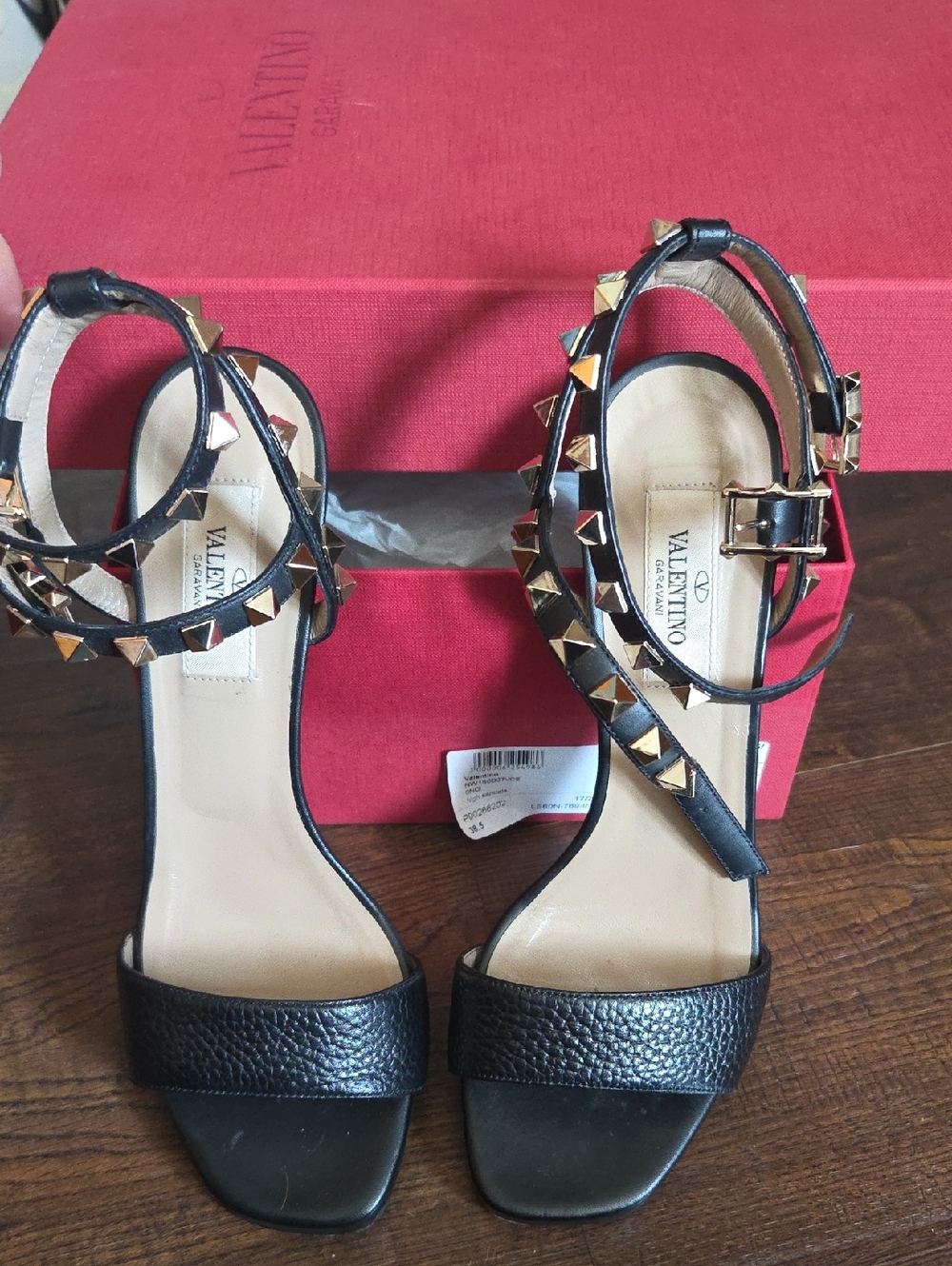 Valentino Black Leather Rockstud Ankle-Strap Heels